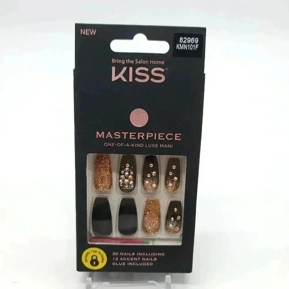 Kiss MASTERPIECE Luxe glue Mani 30 Nails LONG 82969 Black Rose Gold KMN101F